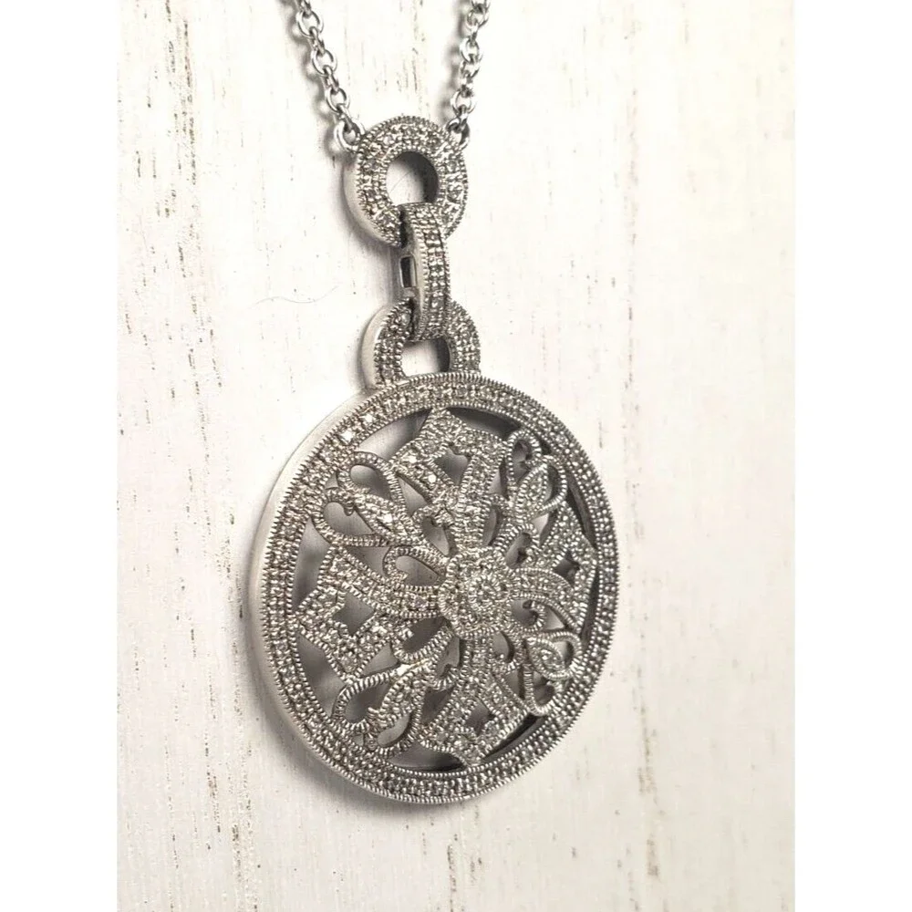 Vintage 925 Sterling Silver w Diamond Circle Cross Hearts Pendant Chain Necklace - Picture 14 of 16